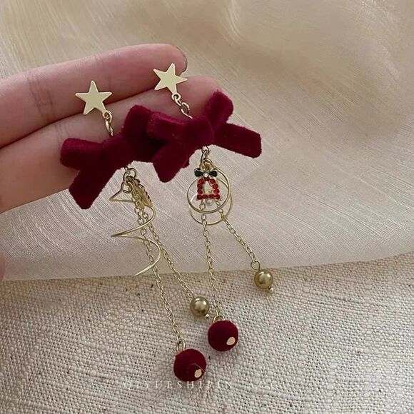 Elegant Cherry Red Bowknot Tassel Dangle Earrings - Picture 3 of 3